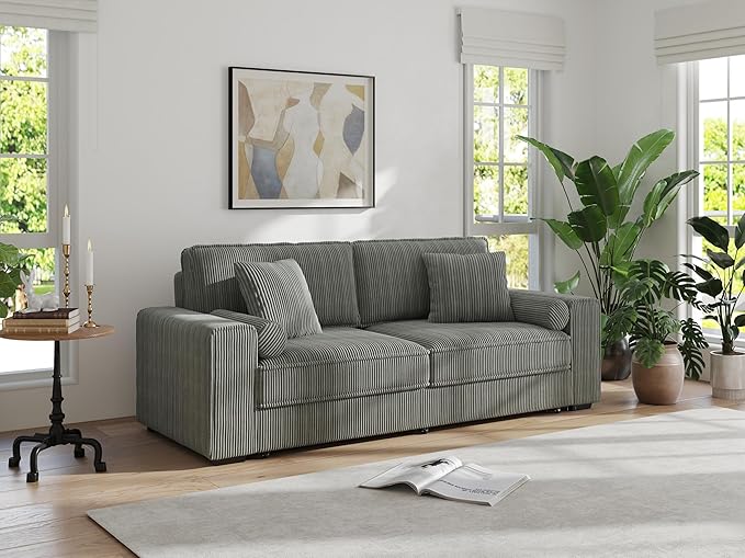 91-Inch Corduroy Pull Out Couch with Storage, Convertible Queen Sleeper Sofa with Pull Out Bed, Hide a Bed Couches for Bedroom, Guest Room, Apartment, Small Places, RV (Grey)