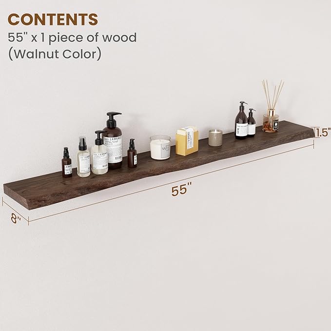 Floating Shelves for Wall Decor, Rustic Solid Elm Wood Live Edge Floating Shelves Wall Mounted, Wall Shelves with Invisible Bracket for Living Room Bathroom Bedroom Kitchen, 55 Inch, Walnut