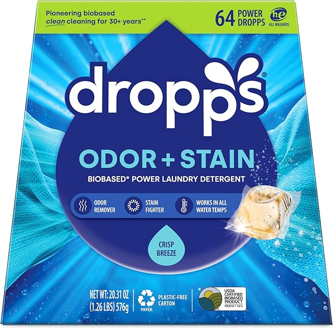 Dropps Odor & Stain Biobased Power Laundry Detergent Pods, Crisp Breeze (64 Pods) - HE Compatible Laundry Pods for Fresh Clothes - Laundry Soap Supplies & Recyclable Paperboard Packaging
