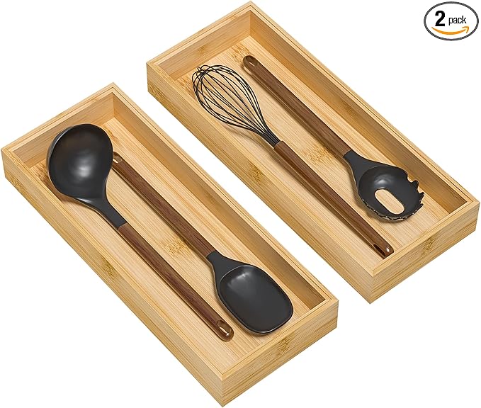 Bamboo Kitchen Drawer Organizer, Stackable Utensil Holder Silverware Organizer Cutlery Tray - 2PCS Organizer Bins for Makeup Jewelries Flatware in Bathroom, Office Desk, Cabinets, 15x6x2 inch