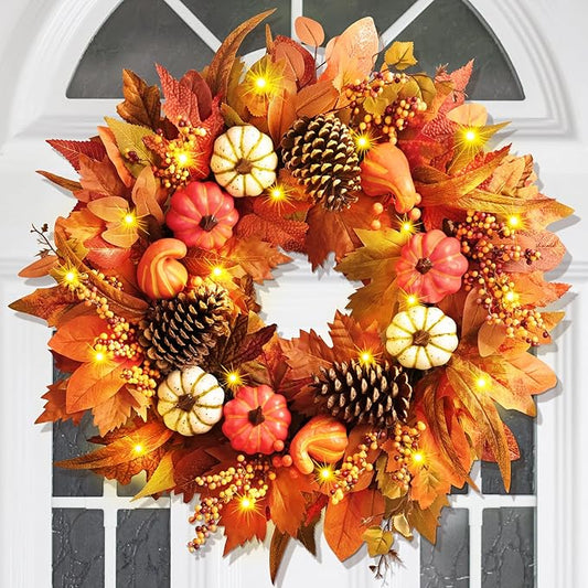 Fall Decor - Fall Wreaths for Front Door Outside, 2 Pack 20 Inch Fall Door Wreath, Handcrafted Autumn Wreath with Colorful Pumpkins Maple Leaves, Fall Decorations for Home Door Wall Thanksgiving Decor