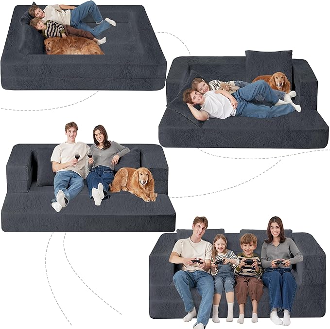 Folding Bean Bag Chair for Adults,3-in-1 Bean Bag Couch Faux Fur Floor Sofa Large Beanbag Convertible Bean Bag Sofa Bed with Pillow in Bedroom,Living Room,Apartment(Queen,Dark Grey)