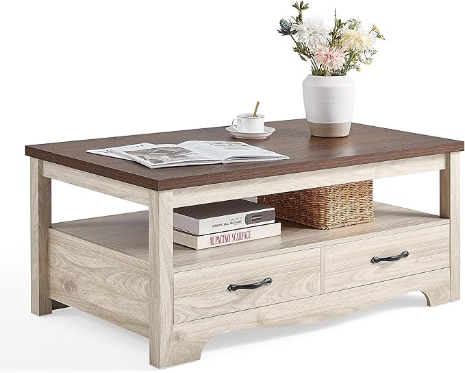 LINSY HOME Farmhouse Coffee Table with Storage, Wood Coffee Table for Living Room, Open Display Area and Storage Drawers with Metal Handles, Chic Style with Curved Base. Oak and Brown