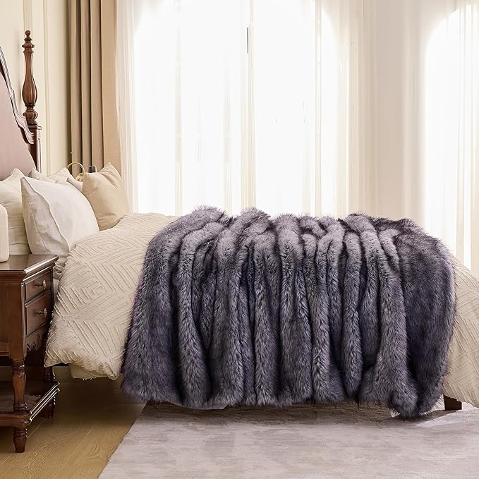 Fluffy Faux Fur Throw Blanket – Super Soft Warm Thick Plush Blanket for Bed, Couch & Office, Cozy Fuzzy Throw with Flannel Backing,108"x90", Grey