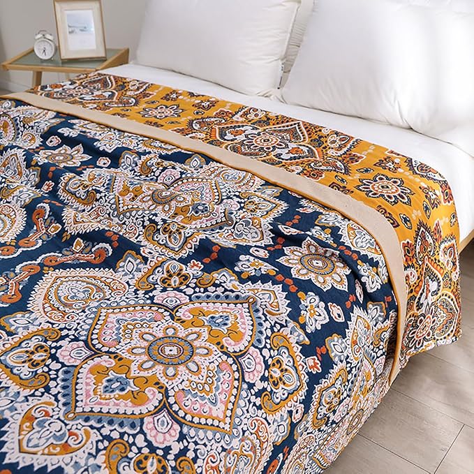 Boho Muslin Blanket for Adults 4-Layer Gauze 80 x 90 Inches Soft Cozy 100% Cotton Summer Cooling Blanket Floral Decor for Sofa Bed Coverlet Both Sides (A Boho Spiral Flower, 80 x 90 in)