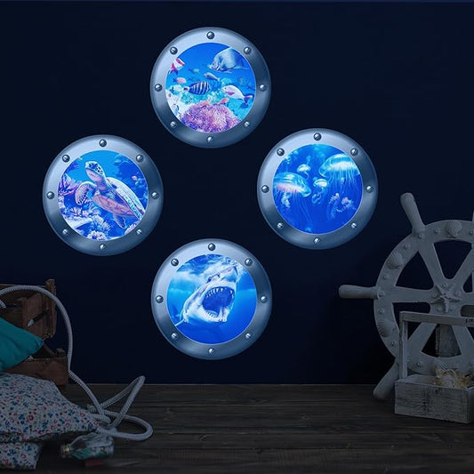 3D Ocean Animals World Wall Stickers Glow in The Dark, 4 Pcs Sharks Turtles Jellyfishs Removable Decals for Kids, Vinyl Stickers for Ceiling (Blue)