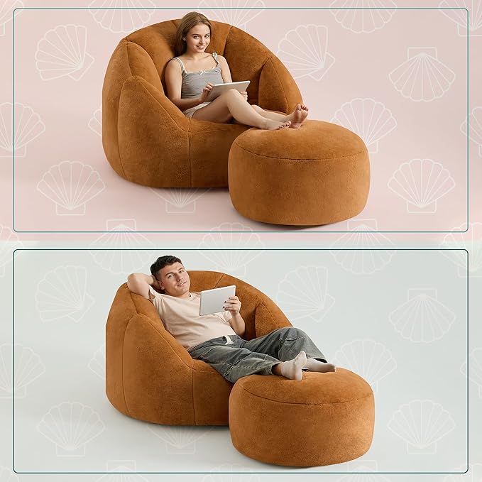 Giant Bean Bag Chaise Lounge Indoor Chair for Adults - Comfy Plush Round Shell Soft Accent Chair, Oversized Cozy Floor Sofa for Living Room, Bedroom & Game Rooms, Orange