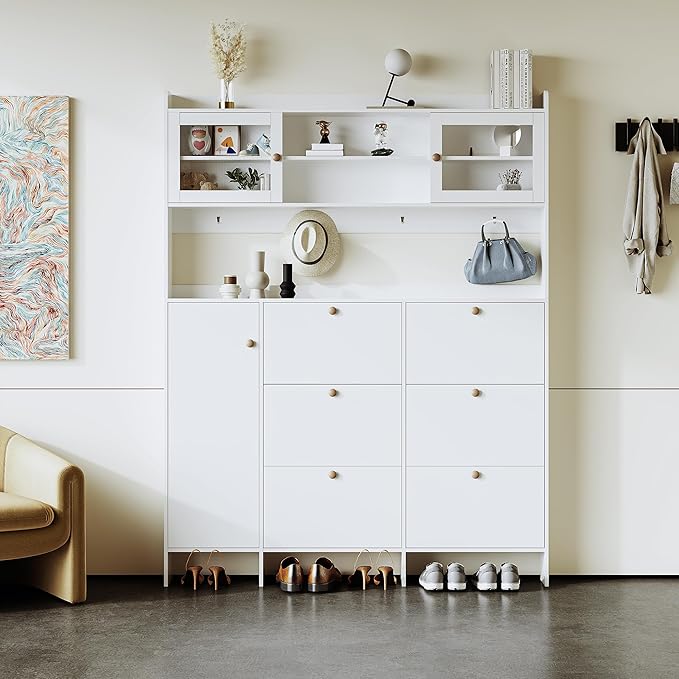 Ball & Cast Tipping Bucket 3-Tier Shoe Cabinet with 6 Flip Drawers and Storage Shelf,Entryway Hall Tree with Tempered Glass Doors and 4 Hooks,for Hallway,Mudroom,Living Room,White