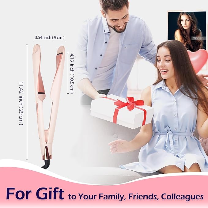 ANGENIL Pro Twist Flat Iron Hair Straightener, 2 in 1 Straightener and Curling Iron for Women, Round Pink Dual Voltage Hair Straightener with Silicone Heat Resistant Mat, 20s Fast Heating, LCD Display