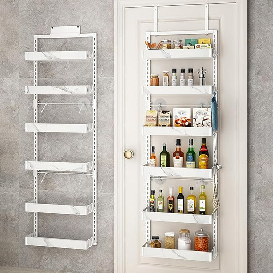 bukfen Over the Door Pantry Organizer, 6-Tier Adjustable Basket Kitchen Pantry Door Organization and Storage, Heavy-Duty Metal Hanging Kitchen Spice Rack,D6.3 x W17.32 x H50.60 inch,White Marble Color