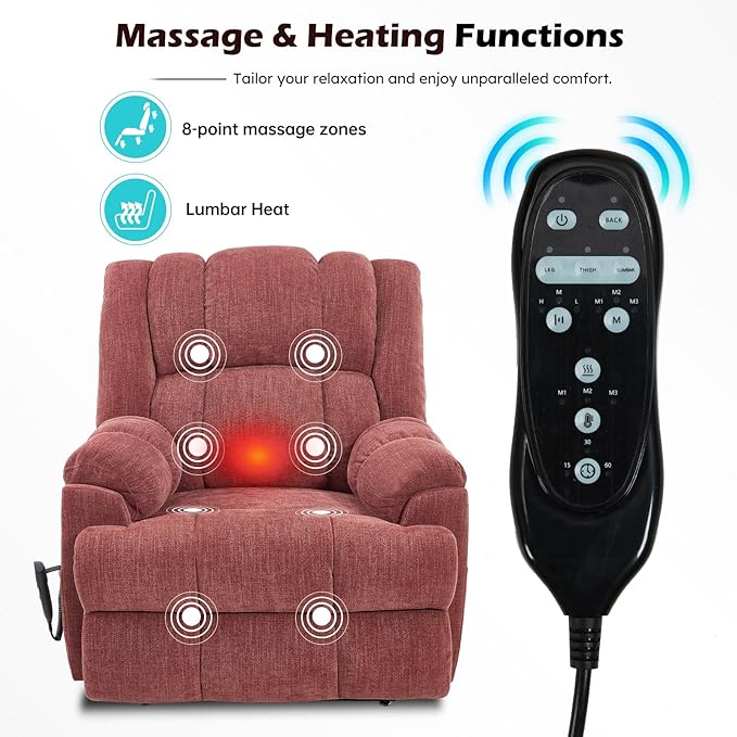 Dual Motor Power Lift Recliner Chair with Massage and Heat for Elderly People, Infinite Position, Burgundy Recliner Chair, Chenille Fabric Lift Chair