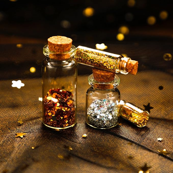 Geiserailie 45 Pcs Mini Glass Bottles with Cork Stoppers Spell Jar Clear Wishing Jars with 50 Eye Screws 3 Funnels for Wedding Party Favors DIY Art Crafts Decoration, 5 Sizes