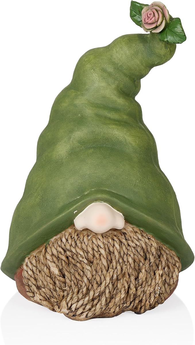 Alpine Corporation - 10" Tall Outdoor Garden Gnome Decor - Gnome Head with Rope Beard and Flower on Green Hat – Durable Lawn Scupture, Ideal for Patio, Deck, & Yard