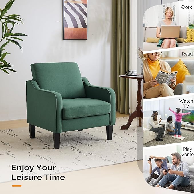 VINGLI Accent Chair for Living Room Chairs Dark Green Reading Chair for Bedroom Scooped Arm Chair Mid Century Modern Accent Chairs Upholstered Comfy Chair for Apartment, Waiting Room