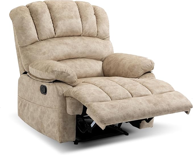 Luxlen Large Manual Recliner Chair,Soft Fabric Push Back Recliner with Overstuffed Armrest and Backrest, Living Room Single Sofa Recliners,Beige