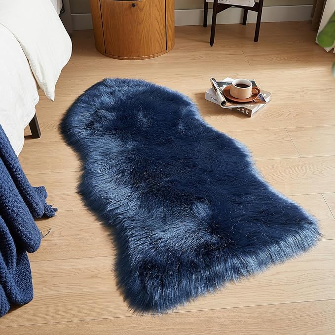 AMTOVO Faux Fur Rug, Dark Blue Area Rug, Fluffy Sheepskin Rug, Fuzzy Ultra Soft 2 x 4 ft Shag Rugs for Bedroom Sofa Throw Cushion Room Decor, Sheepskin