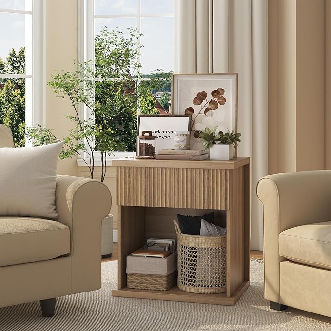 Fluted Nightstand Set of 2, 22.8" Wide Nightstands with Drawer Storage Large Wood BedsideTable Night Stands for Bedroom, Natural Oak