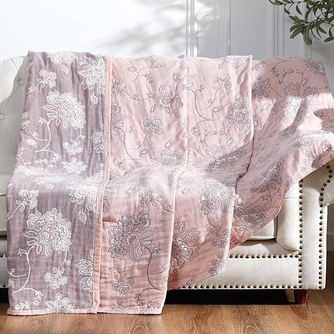 jinchan Boho 100% Cotton Muslin Queen Size 80x90 Inches Blanket Lightweight 4-Layer Quilted Soft Pink Multi Floral Throw Blanket Reversible Comfy Flower Rustic All Seasons Couch Bedroom Decor