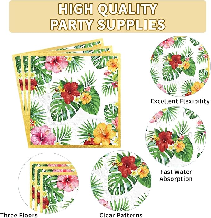 Grencian 200Pcs Hawaiian Luau Party Decorations Aloha Tropical Hibiscus Floral Luau Plates and Napkins Palm Leaf Tableware Sets for Summer Holiday Hawaiian Birthday Dinner Party Supplies Serves 50