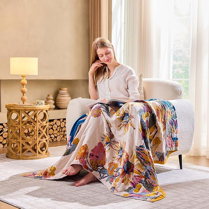 Boho Throw Blanket, 100% Cotton Ultra Soft Luxury Throw Rustic Quilt, 50"x60" Floral Bird Butterfly Farmhouse Decor Bed Blankets, All Season Rustic Reversible Bohemian Throw for Bed - Yellow