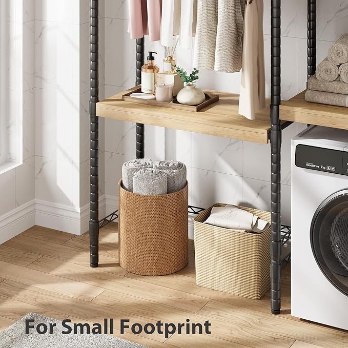 5-Tier Over-The-Washer Shelf - Adjustable 28" Laundry Organizer with 100lb Double Wood Shelves, Space-Saving Storage Unit for Small Homes (Natural & Black)