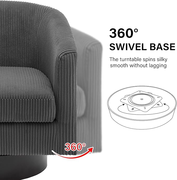 Swivel Barrel Accent Chair, Modern Round Corduroy Fabric Arm Chair for Living Room, Bedroom, Comfy Club Reading Chairs for Adults (Corduroy Grey, Set of 2)