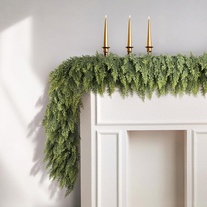 N&T NIETING 9ft Christmas Cedar Garland with Realistic Soft Thickness Pine, Artificial Green Faux Cedar Pine Garland for Fireplace Mantle Fireplace Indoor Outdoor Holiday Party Home Decoration