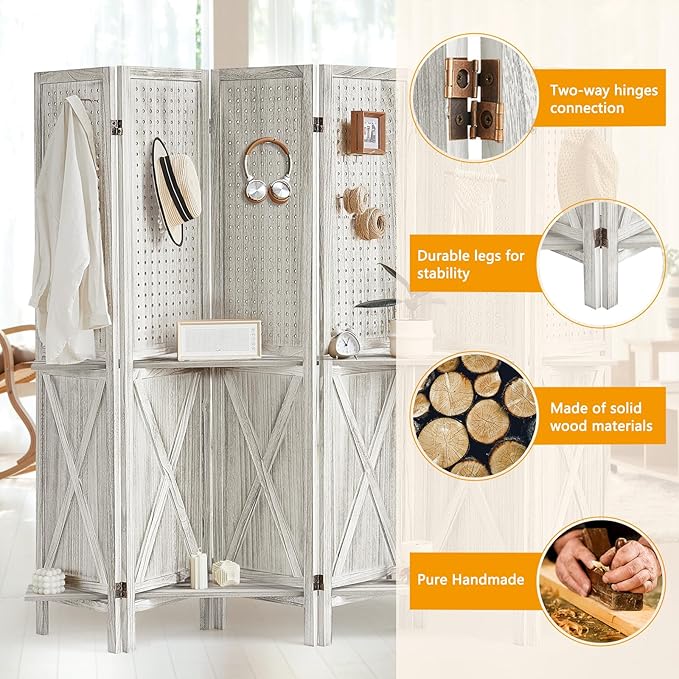 6 Panel Pegboard Display with 24 Hooks, Wooden Pegboard Room Divider Wall with Shelf, Rustic Room Dividers and Folding Privacy Screens, Bedroom, Jewelry Store, White