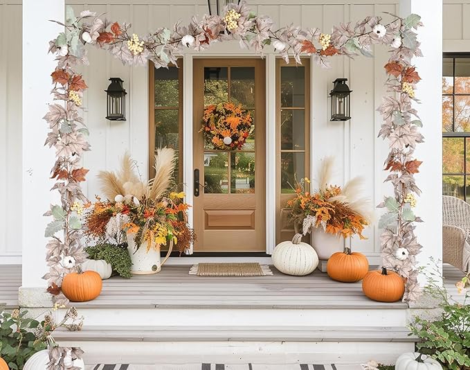 DearHouse Pumpkin Fall Maple Leaf Garland, 6Ft Hanging Vine White Maple Garland Artificial Autumn Foliage Thanksgiving Decor for Home Wedding Fireplace Party Christmas