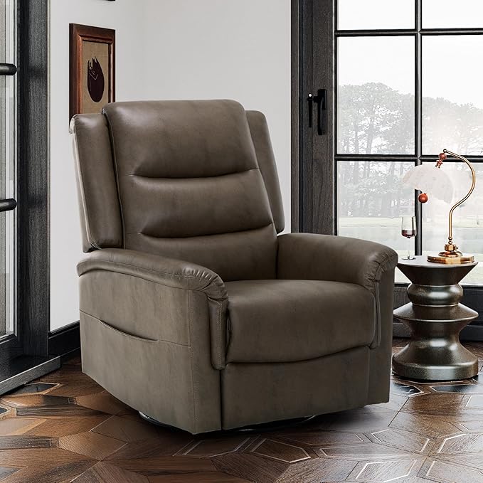 COLAMY Oversized Leather Recliner Chair, 360°Swivel Rocking Manual Recliner with Thick Cushioned Padding Backrest and Wide Seat - Lightbrown