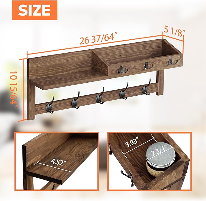 AMBIRD Wall Hooks with Shelf 26.57inch Entryway Wall Hanging Shelf Wood Coat Hooks for Wall with Shelf Coat Rack Wall Mount Rack with 5 Dual Hooks 3 Key Hooks Mail Organizer and Key Rack Key Holder
