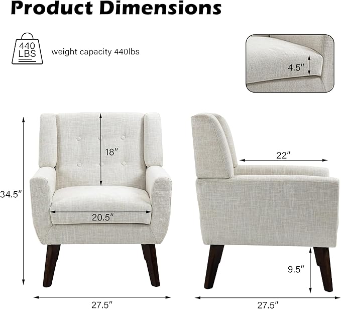 UIXE Accent Chair Modern Upholstered Armchair, Comfy Living Room Arm Chairs Mid Century Single Sofa Reading Side Seat for Bedroom, Home Office - Beige