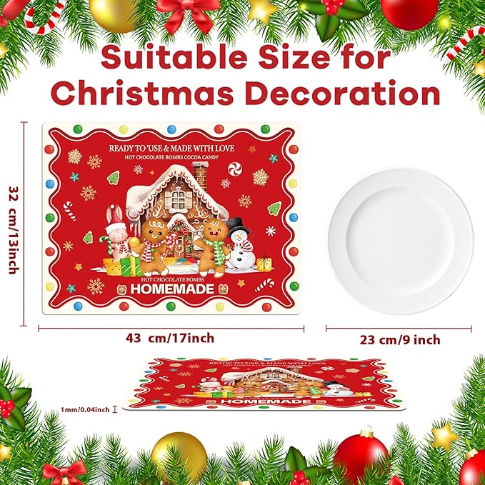 Christmas Placemats Set of 6 Christmas Retro Gingerbread Plastic Table Mats Xmas Bakery Gingerbread House Place Mats Winter Holiday Table Decoration for Indoor Outdoor Party Kitchen Dining