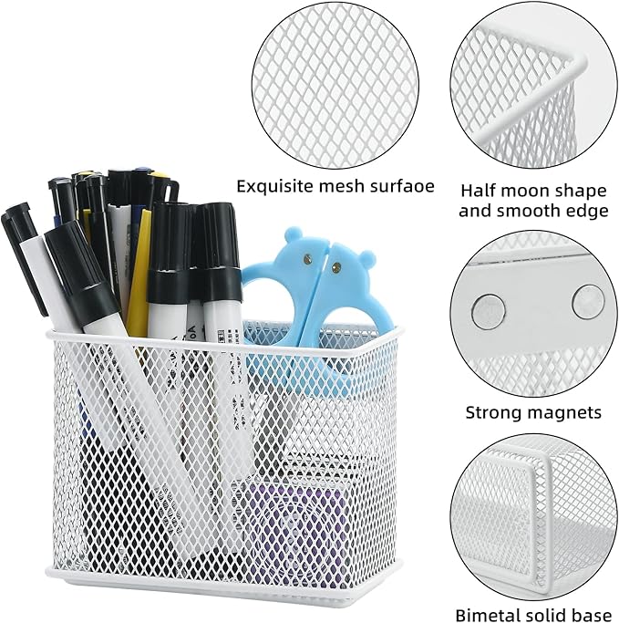 dedoot Magnetic Pencil Holder, Locker Pencil Holder Strong Magnetic Holder for Whiteboard Marker, 4.7x2.3x3.7inch Black Mesh Magnetic Holder for Fridge, Sponge, Recipe, Beverage,White