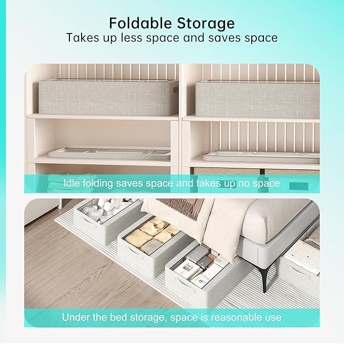 3PCS Under Bed Storage Bins with Metal Frame, Linen Fabric Frame Storage Box Clothes Organizer Bins, Underbed Container with Clear Window (Light Grey, 23.6 x 13 x 6IN)