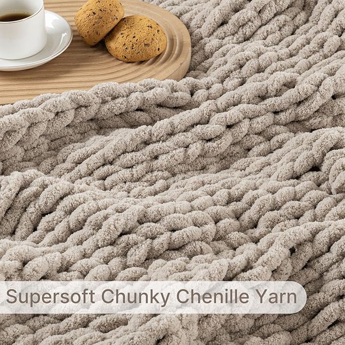 Chunky Knit Blanket Throw, 100% Hand Knit Throw Blanket Handmade Chenille Cable Knit Throw for Couch, Stylish Cozy Soft Rope Knot Crochet Blanket for Home Decor, Beige Linen, 60x80 Inches