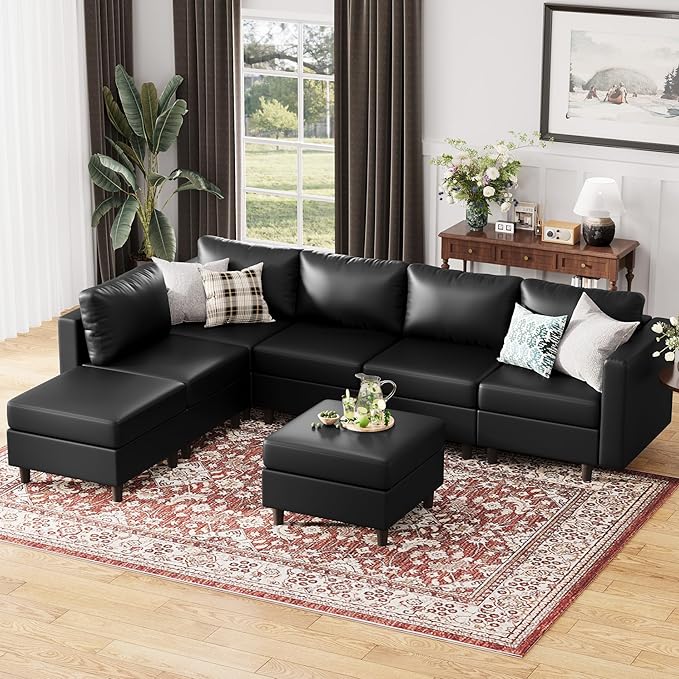 118.5" Faux Leather Modular Sectional Sofa, L Shaped Couch Set for Living Room, 7-Seater Comfy Cloud Couches with Storage Seat Black