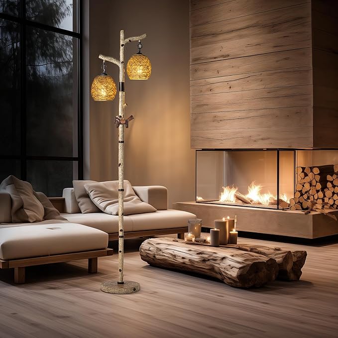68.5" Rustic Farmhouse Remote Control Switch Birch Tree Floor lamp with Bird Nest Lantern Shade Vintage Standing Lamp for Living Room Bedroom Hotel Bar Office Wood House(Bulb Included)
