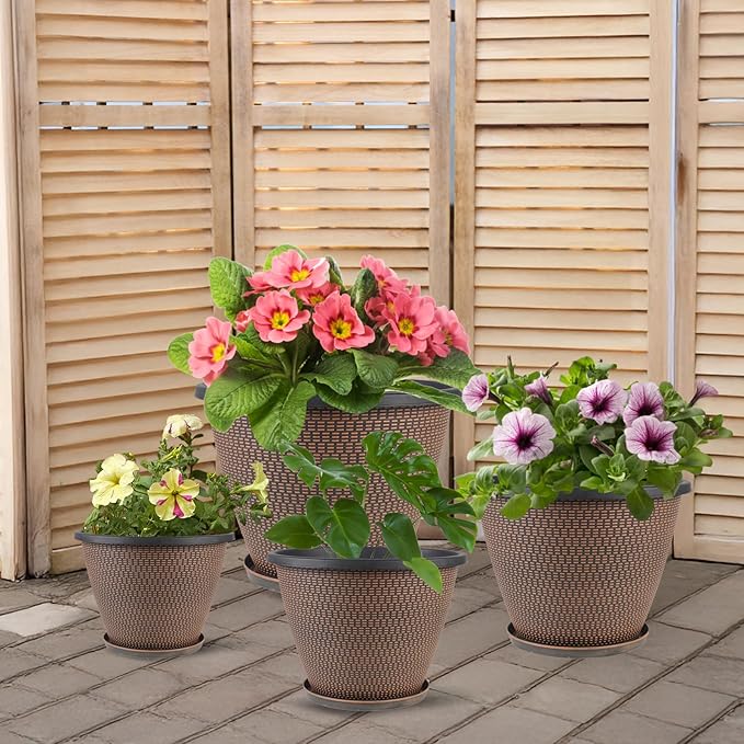 12 inch Pots for Plants, 4 Pack Large Outdoor Planter Pot with Drainage Holes & Saucers, Plastic Flower Pots for Indoor Plants, Decorative Garden Pots for Indoor & Outdoor Plant (Black Copper)
