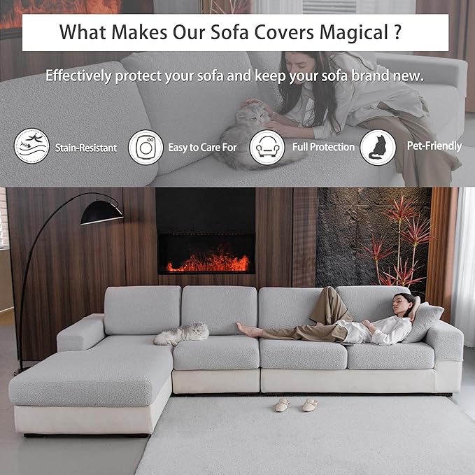 Couch Cushion Covers for Sectional Sofa, Stretch Soft Sofa Slipcovers Washable Wear-Resistant Universal Furniture Protector for Living Room(1 Piece Chaise Cover, Light Gray)