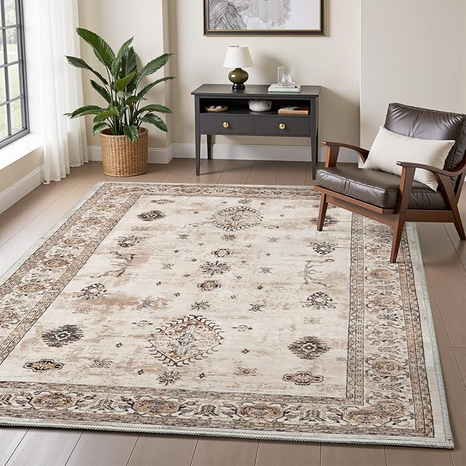 AMOAMI-Vintage Area Rug 3x5 Brown Rugs for Living Room-Soft Washable Rug Non Slip Entryway Rug Indoor Vintage Throw Accent for Bedroom Laundry Room Dining Bathroom Bedside