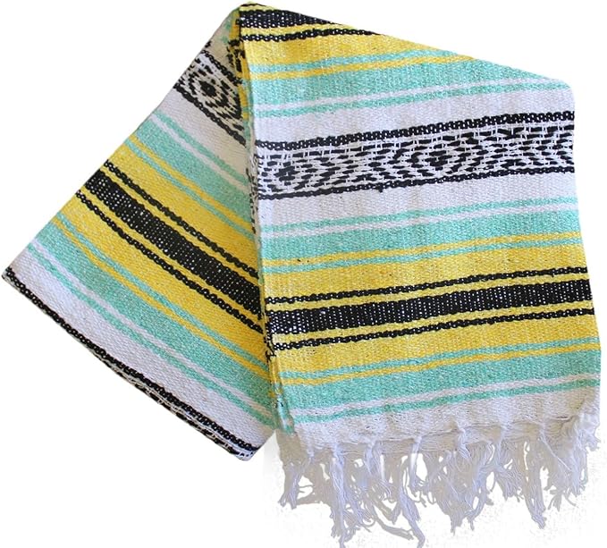Del Mex Classic Mexican Blanket, Large Authentic Woven Falsa Throw (70"x50"), Artisan Southwest Décor for Beach, Yoga, Outdoors (Mint/Yellow)