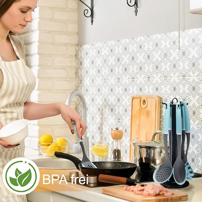 6-Piece Silicone Kitchen Utensil Set with Rotating Stand, Non-Stick, Heat-Resistant (400°F), Nylon Handle, Cooking Spatula Set for Baking & Cooking, Light Blue