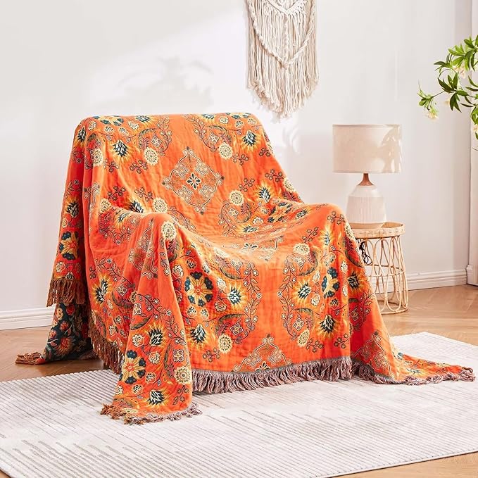 Boho Throw Blanket, 100% Cotton Ultra Soft Luxury Throw Rustic Quilt, 80"x90" Floral Printed Farmhouse Decor Bed Summer Blankets, All Season Rustic Reversible Bohemian Throw for Bed - Orange