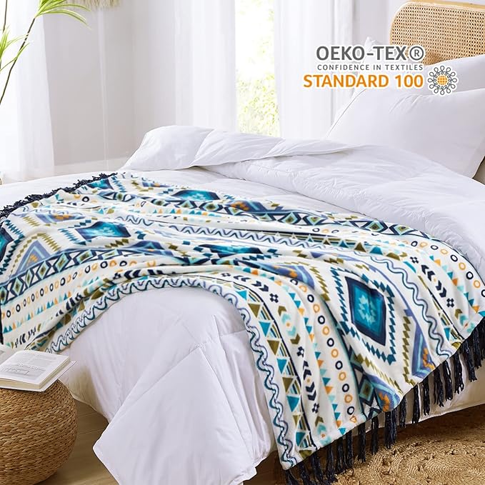 CASAAGUSTO Boho Throw Blanket - Blue and White Decorative Blankets with Tassel, Printed Flannel Bohemian Blanket for Chair, Bed, Sofa, Couch(50 * 60, Blue and White)