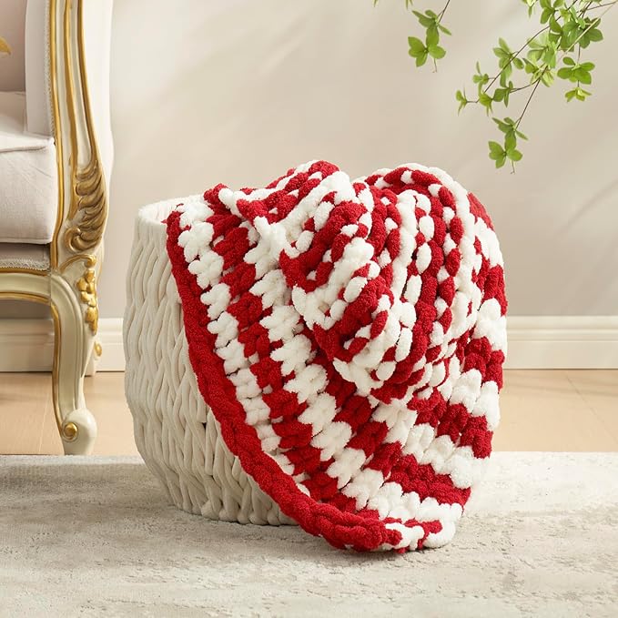 Amélie Home Chunky Knit Blanket Throw, Thick Soft Yarn Chunky Throw 50x60, Handmade Chenille Cable Knitted Crochet Throw Blanket, Warm Rope Knot Blanket for Couch Bed Sofa, Red White Stripe