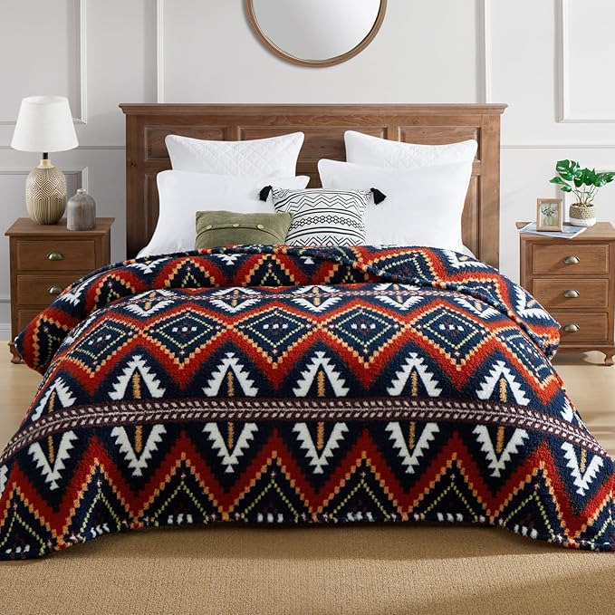 CASAAGUSTO Boho Sherpa Throw Blanket, Aztec Queen Blanket, Ultra Soft, Warm, Cozy, Plush, Thick Fleece Bohemian Throw Blanket for Couch, Bed, Sofa (Navy Blue 90 * 90 Inch)