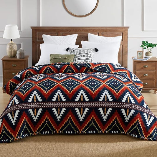 CASAAGUSTO Boho Sherpa Throw Blanket, Aztec Queen Blanket, Ultra Soft, Warm, Cozy, Plush, Thick Fleece Bohemian Throw Blanket for Couch, Bed, Sofa (Navy Blue 90 * 90 Inch)