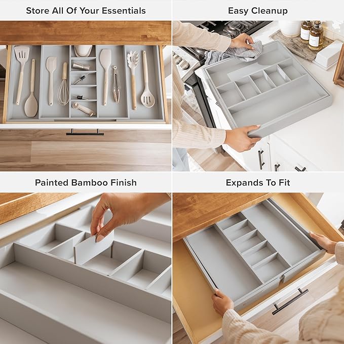 Adjustable Kitchen Drawer Organizer for Utensils and Junk, Food-Safe Contract Grade with 100% Sustainable Wood, Expandable from 19 to 33 Inches Wide - Gray Bamboo