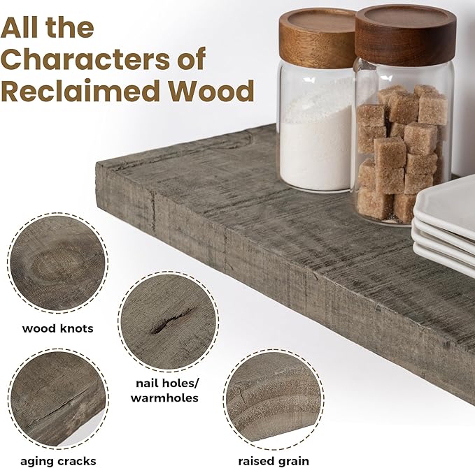 Floating Shelves, 8 Inch Deep Rustic Solid Reclaimed Wood Wall Shelves for Storage, Wall Mounted Display Shelving with Invisible Heavy-Duty Metal Bracket, 24 Inch Width Set of 2, Cement Grey